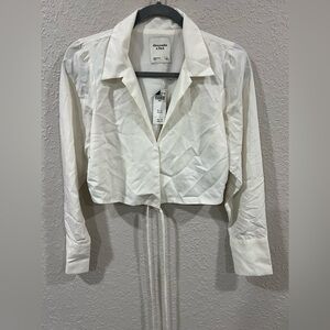 Abercrombie Cropped Button-Up Collared Tie Waist Shirt